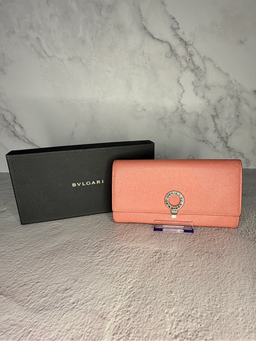 Bvlgari Coral Peach Leather Continental Wallet Signature Ring Clasp Full Set